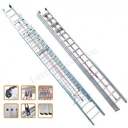 Лестница профессиональная TUBESCA PRONOR трехсекционная выдвижная 3 × 16 (алюминиевая)